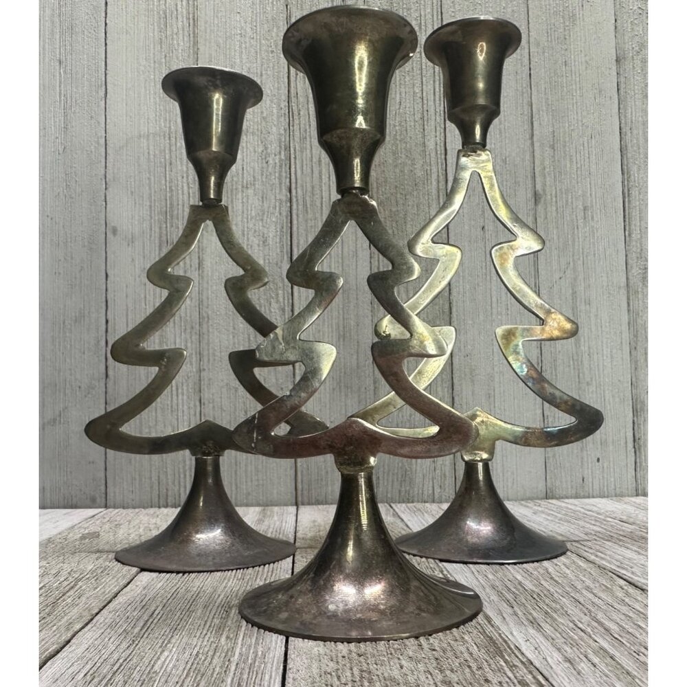 Vtg International Silver Co. Christmas Tree Candlestick Holder 6",7",7.5" Set 3